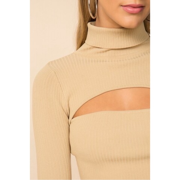 REVOLVE SUPERDOWN Beige Ribbed Knit Stretchy Bodycon Cut Out Turtleneck Sweater - Picture 5 of 17